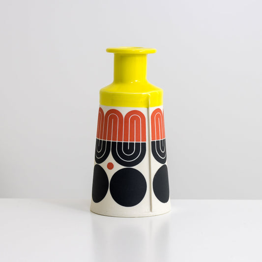 Cone Bottle with yellow glaze, tracery pattern in red and black