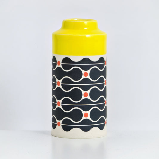 Can with yellow glaze, wave pattern in black and red
