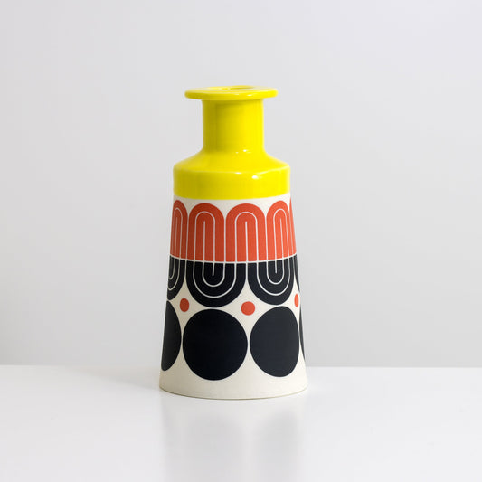 Cone Bottle with yellow glaze, tracery pattern in red and black