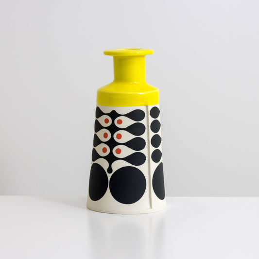 Cone Bottle with yellow glaze, vertical seaweed pattern in black